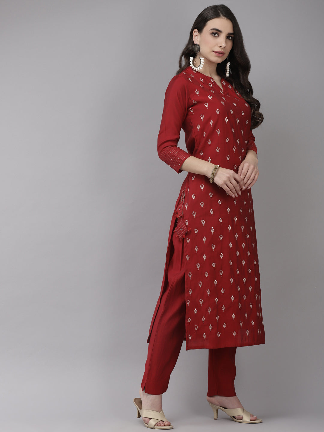 Ishin Women's Silk Blend Red Embroidered A-Line Kurta Trouser Dupatta Set