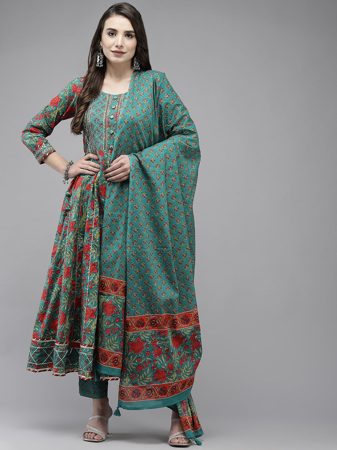 Ishin Women's Green Embroidered Anarkali Kurta with Trouser & Dupatta