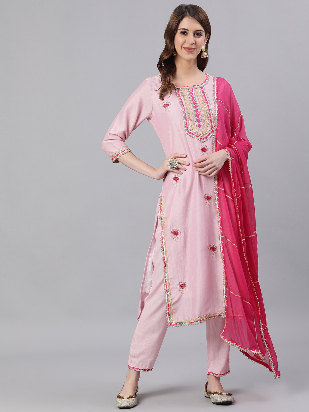 Ishin Women's Silk Pink Embroidered A-Line Kurta Trouser Dupatta Set