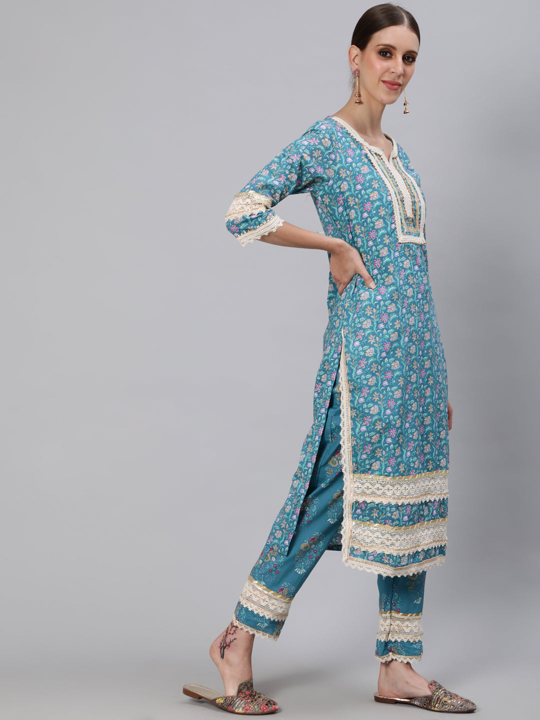 Ishin Women's Cotton Teal Blue Embroidered A-Line Kurta Trouser Dupatta Set