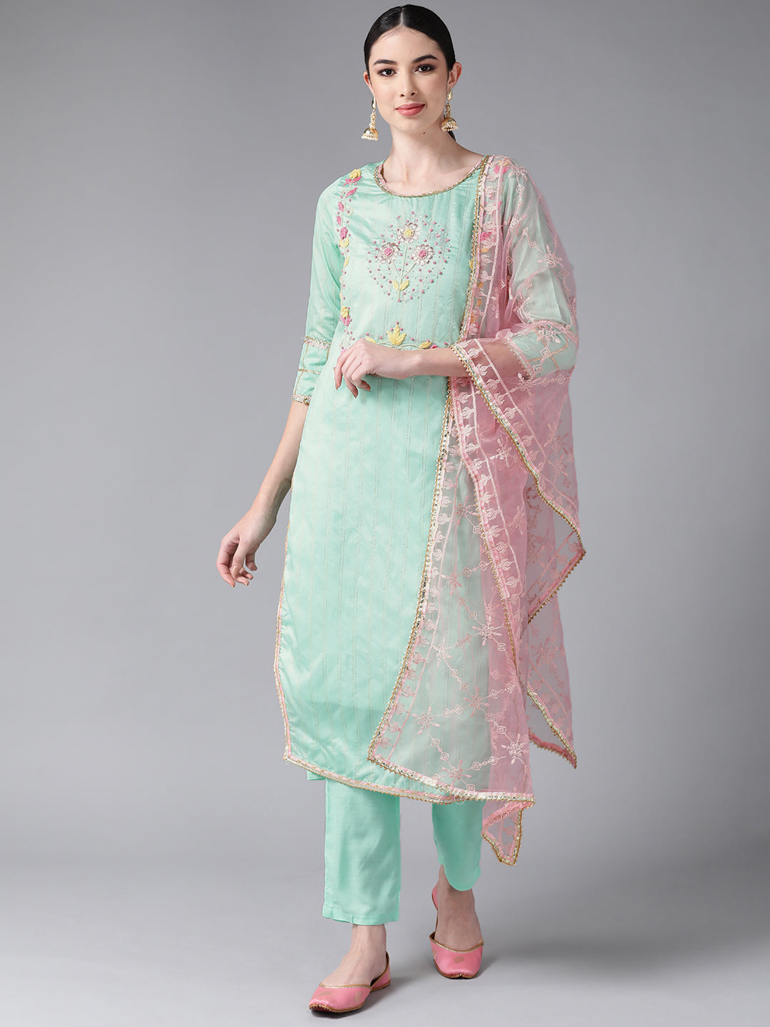 Ishin Women's Chanderi Silk Sea Green Embroidered A-Line Kurta Trouser Dupatta Set