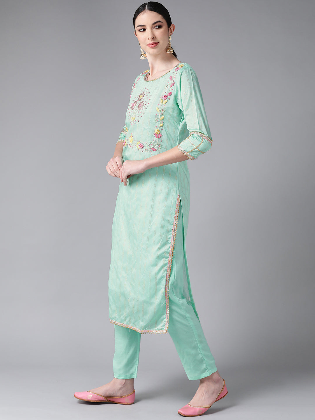 Ishin Women's Chanderi Silk Sea Green Embroidered A-Line Kurta Trouser Dupatta Set