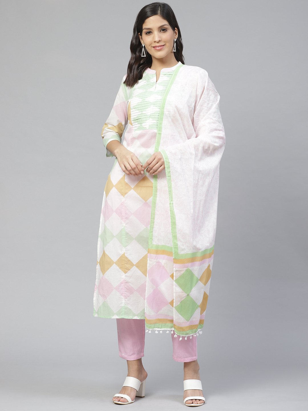 Ishin Women's Viscose Rayon White & Pink Printed A-Line Kurta Trouser Dupatta Set