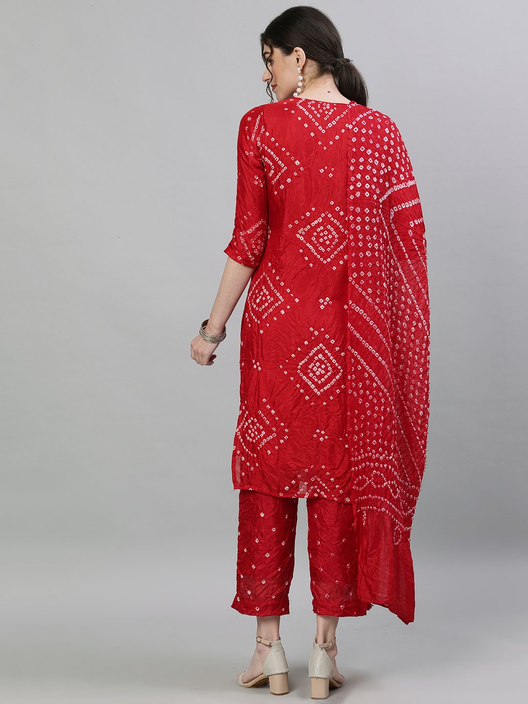 Comfy Cotton Bandhani Printed Red Kurta Set with Art Silk Dupatta and Tie-Up Detail