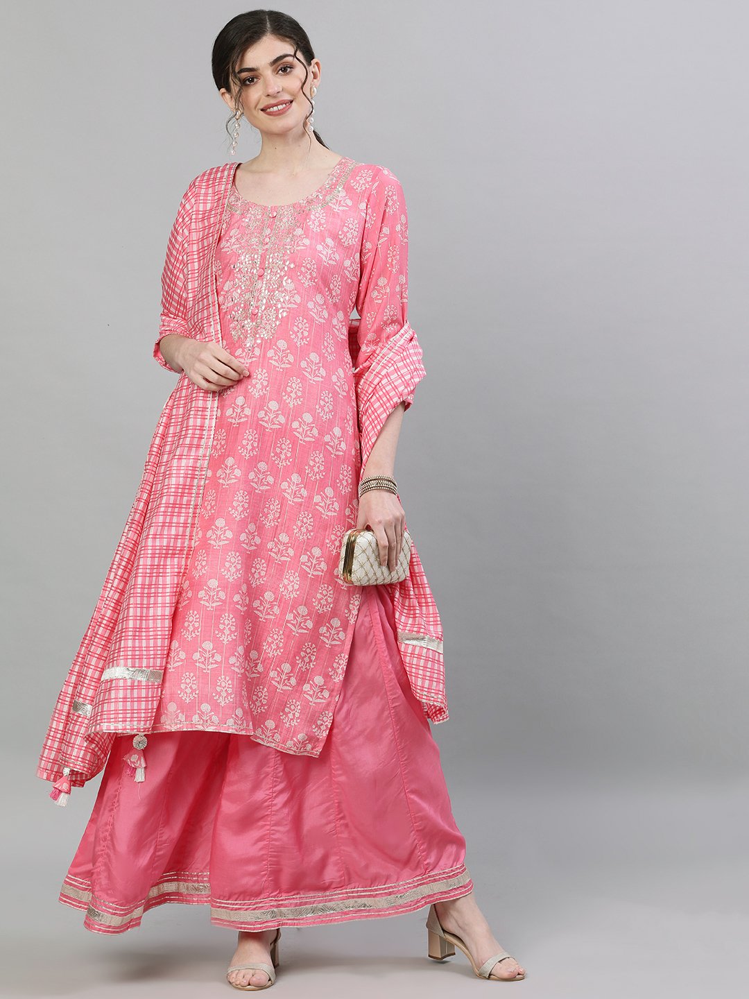 Ishin Women's Silk Pink Embellished Straight Kurta Sharara Dupatta Set