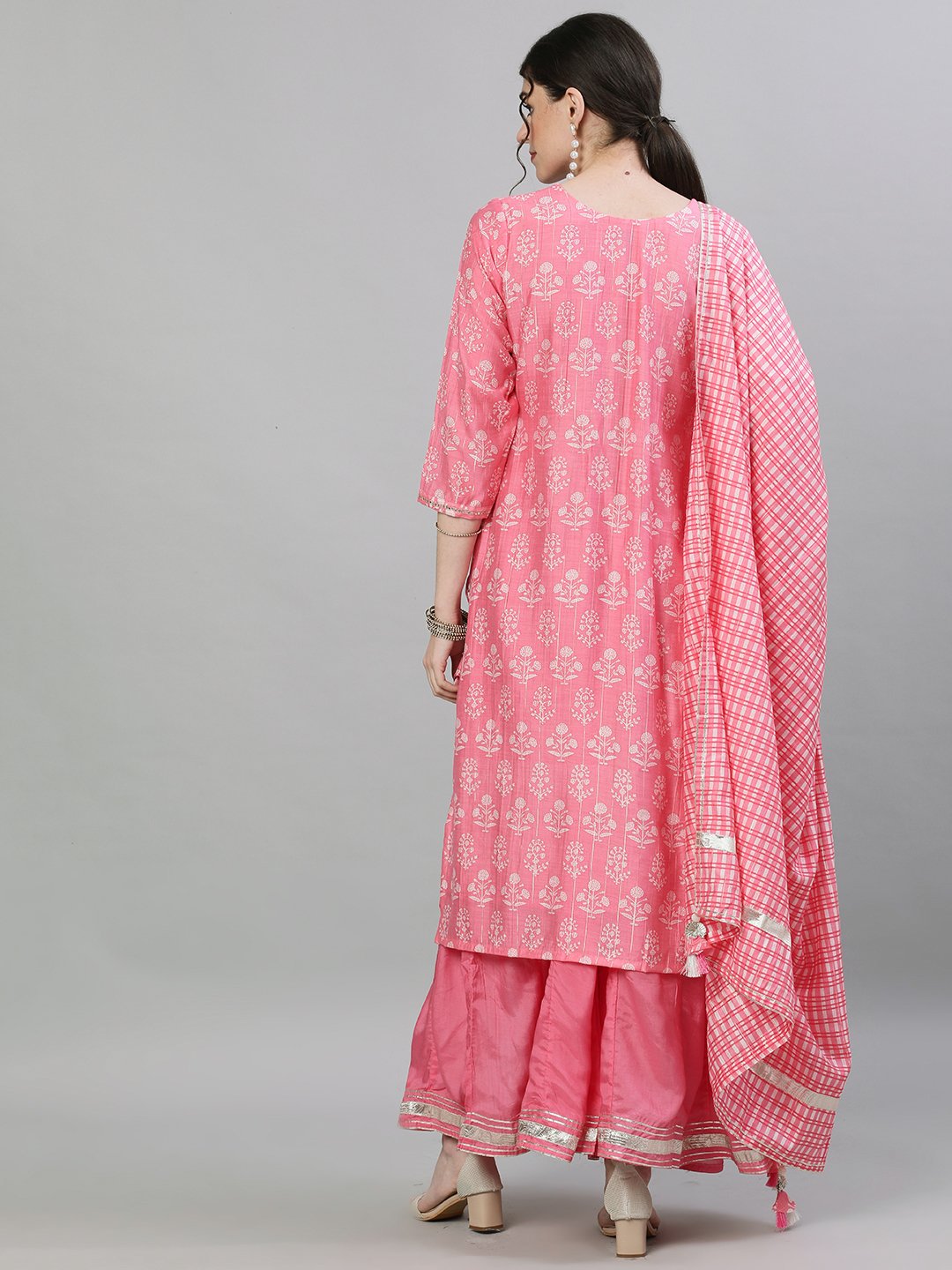 Ishin Women's Silk Pink Embellished Straight Kurta Sharara Dupatta Set