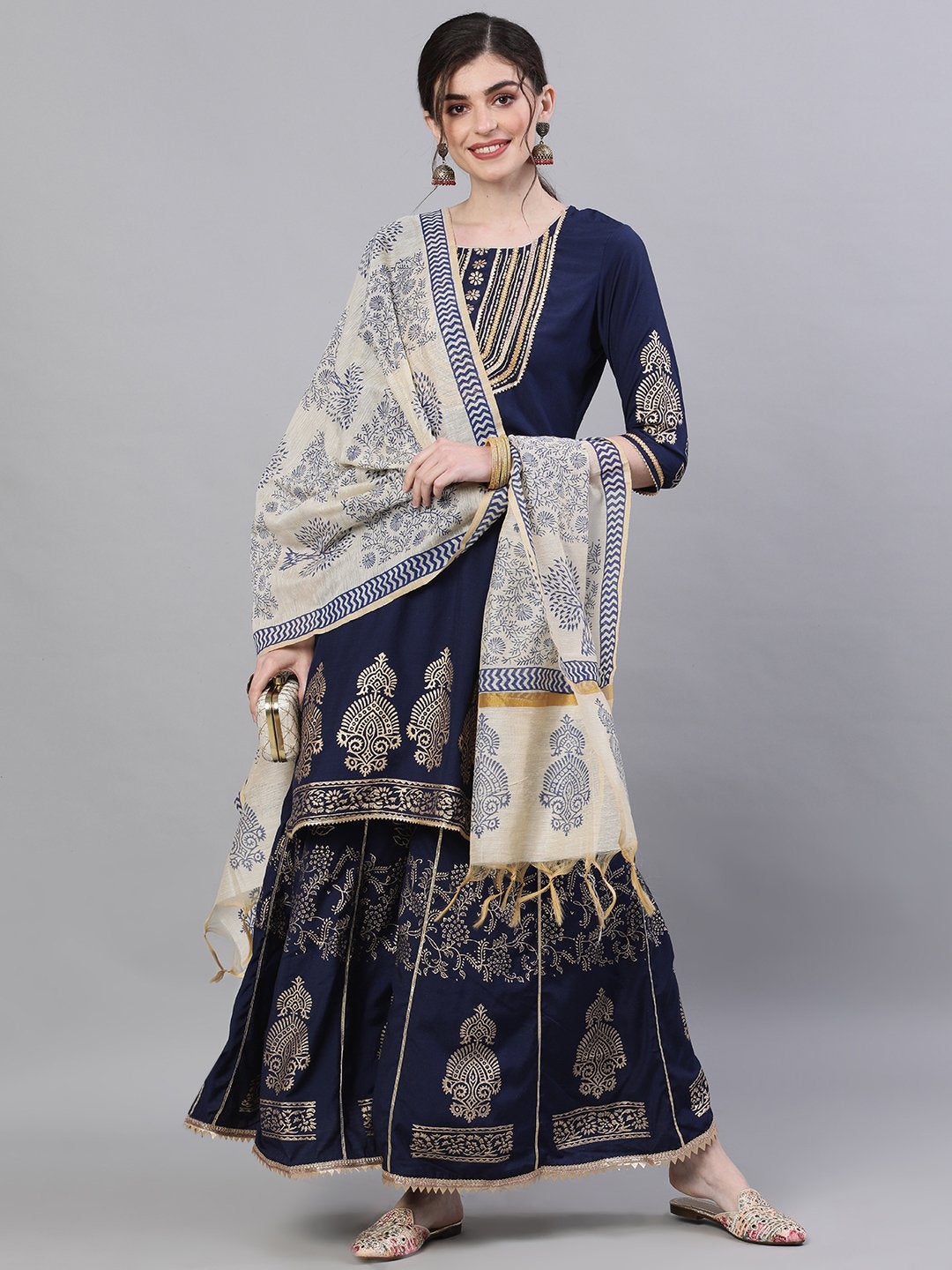 Ishin Women's Silk Navy Blue Embellished Straight Kurta Sharara Dupatta Set