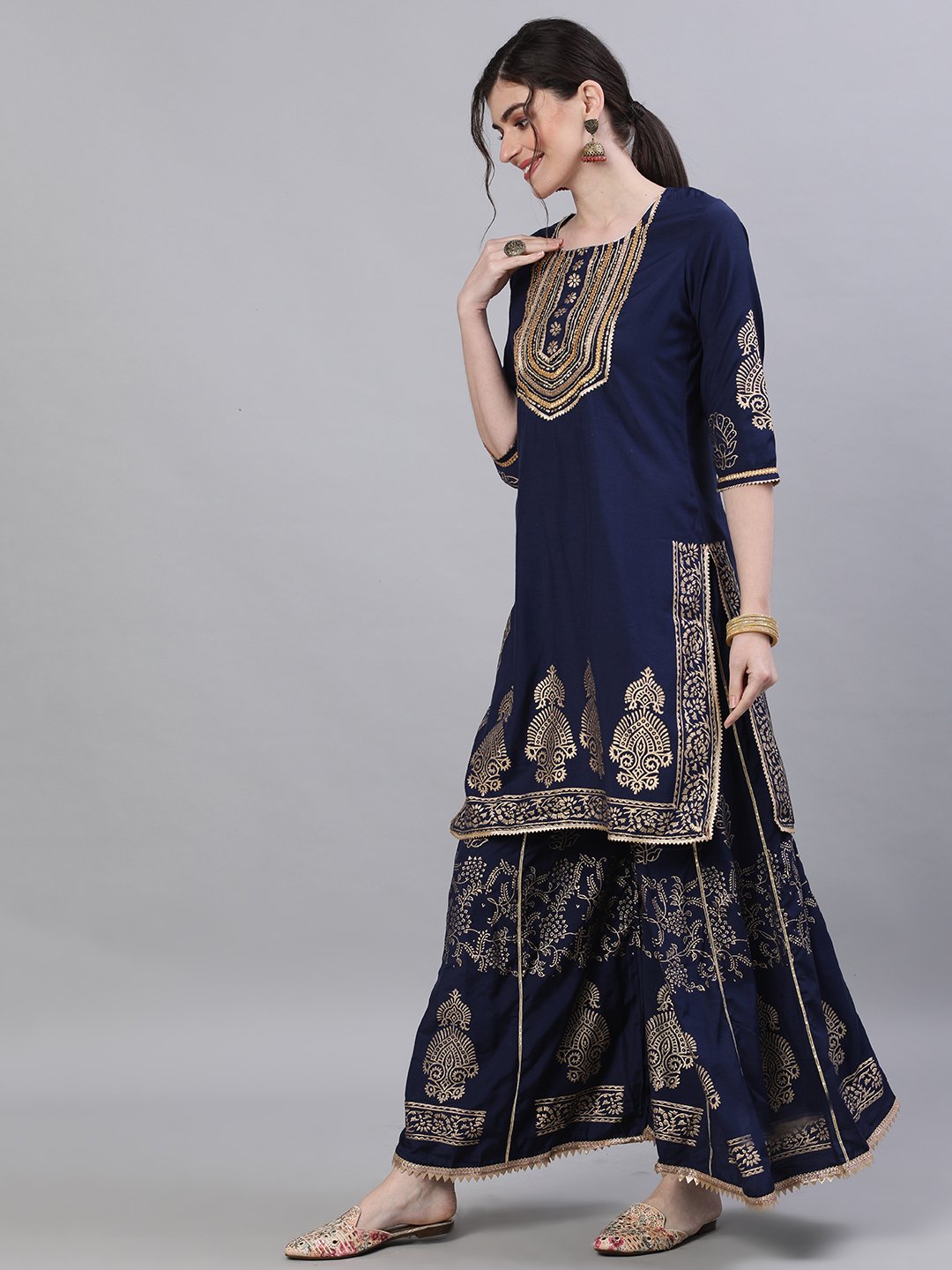 Ishin Women's Silk Navy Blue Embellished Straight Kurta Sharara Dupatta Set