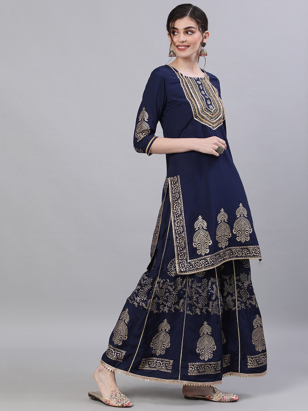 Ishin Women's Silk Navy Blue Embellished Straight Kurta Sharara Dupatta Set