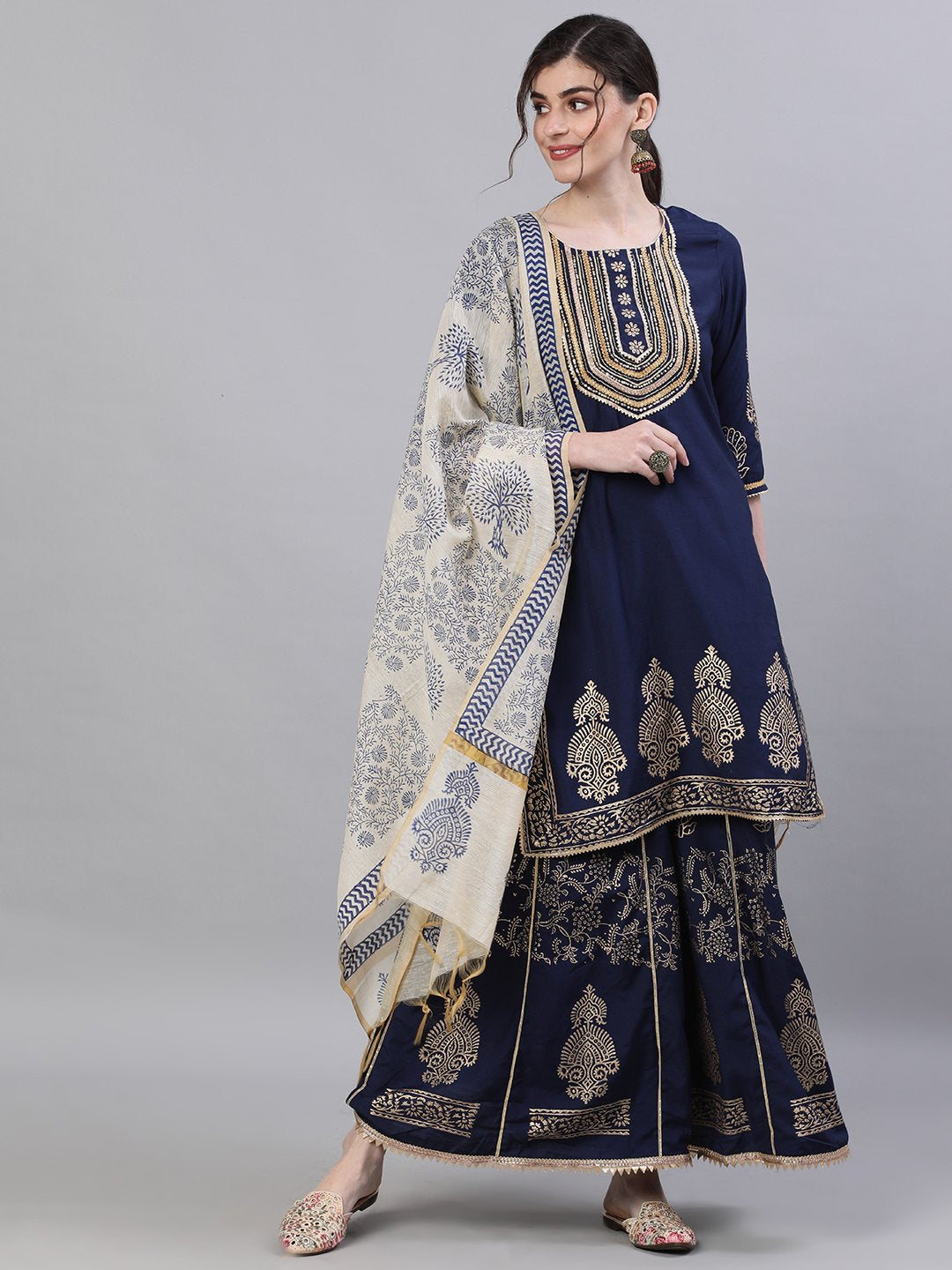 Ishin Women's Silk Navy Blue Embellished Straight Kurta Sharara Dupatta Set