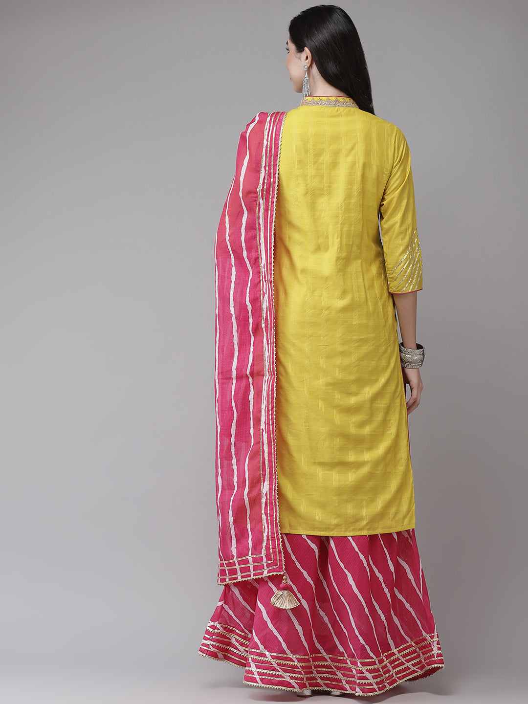 Ishin Women's Yellow & Pink Gotta Patti Embroidered A-Line Kurta Skirt Dupatta Set 