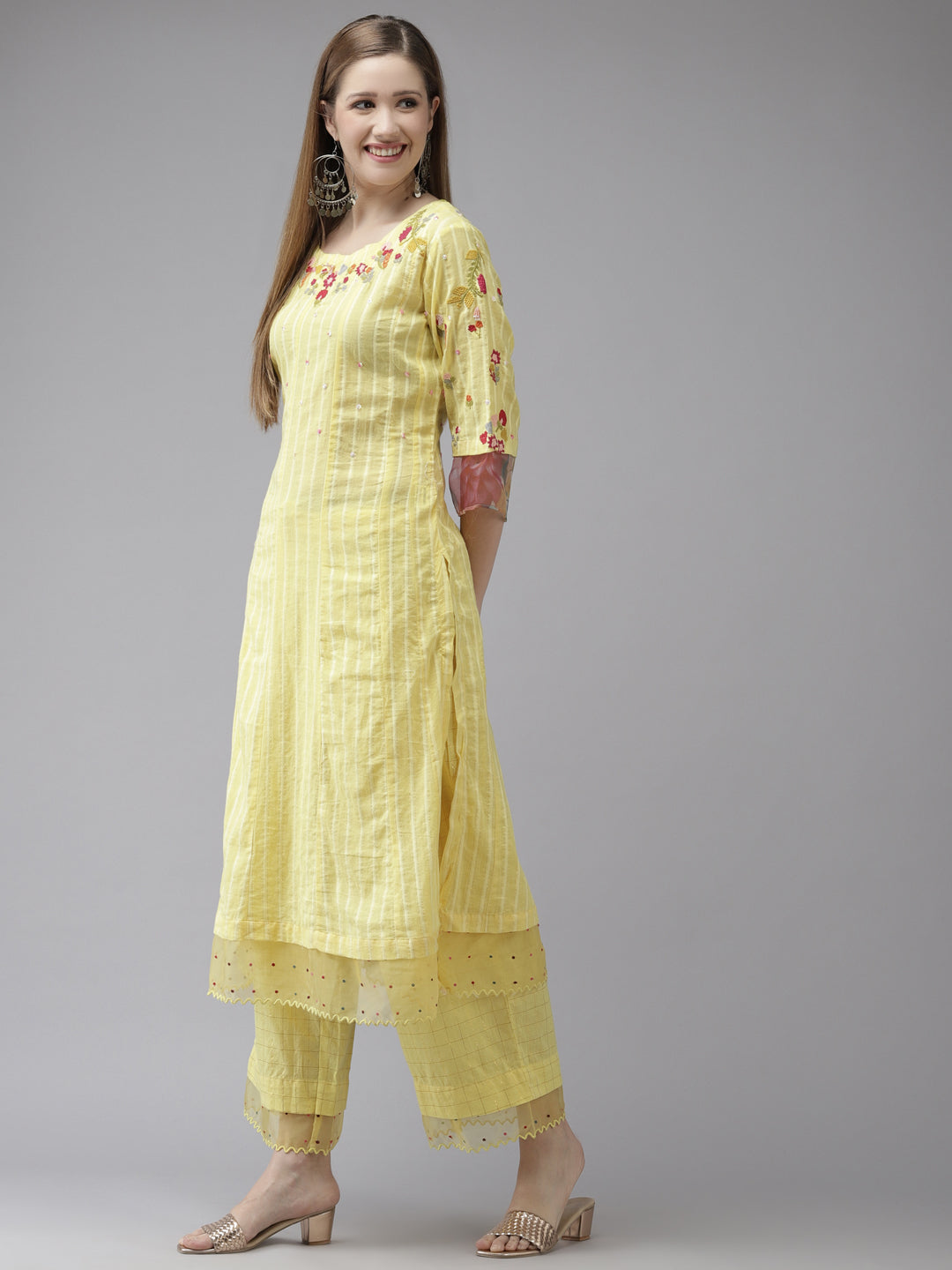 Ishin Women's Cotton Blend Yellow Embroidered A-Line Kurta Trouser Dupatta Set