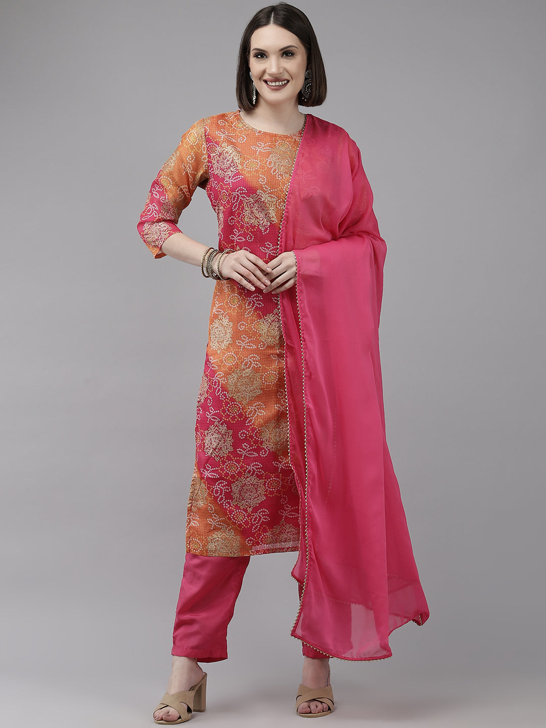 Ishin Women's Multicolored Bandhani A-line Kurta with Trouser & Dupatta