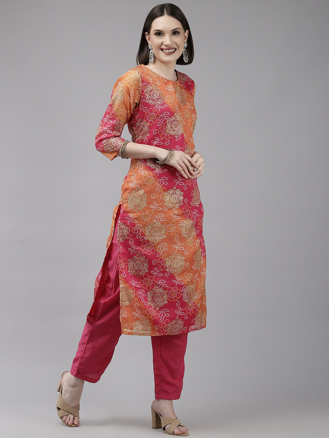 Ishin Women's Multicolored Bandhani A-line Kurta with Trouser & Dupatta