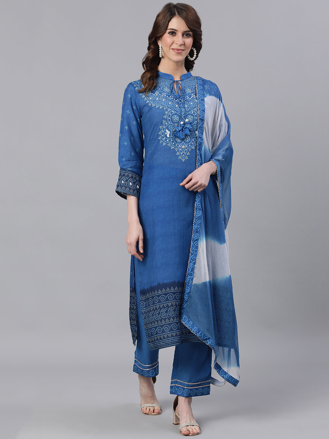 Women Blue Printed Kurta with Trousers & Dupatta