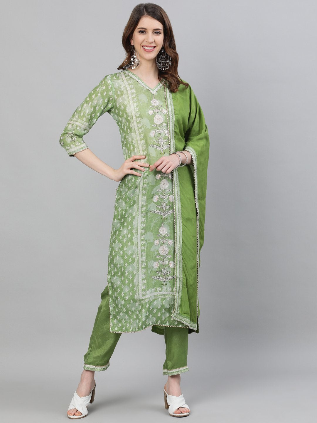 Ishin Women's Silk Green Printed With Gota Patti Straight Kurta Trouser & Dupatta Set