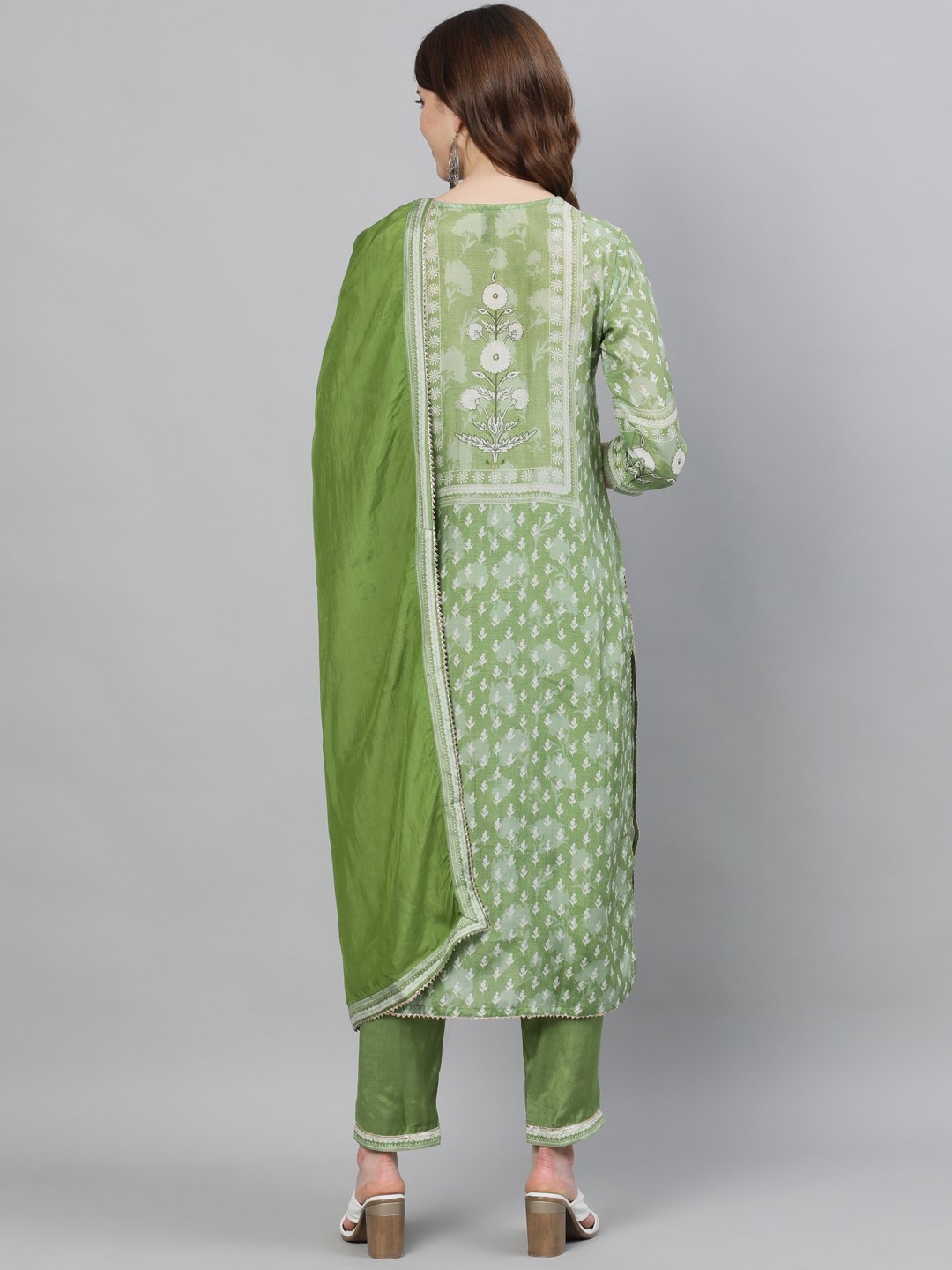 Ishin Women's Silk Green Printed With Gota Patti Straight Kurta Trouser & Dupatta Set