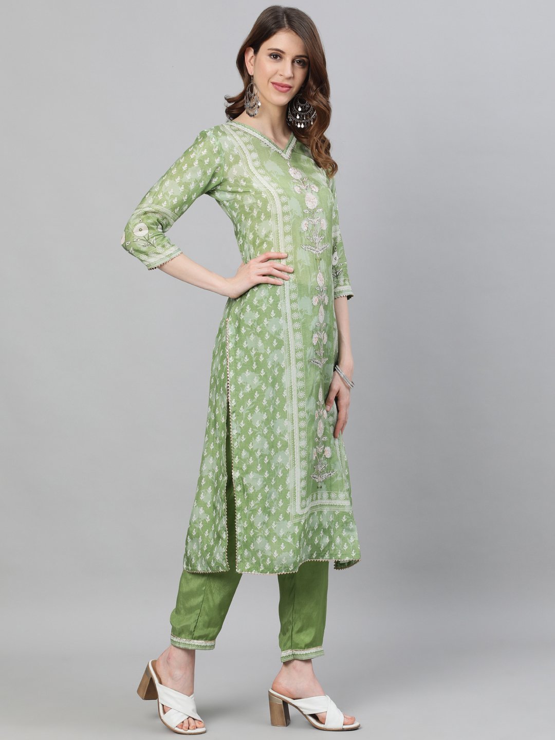 Silk Olive Green Kurta Trouser & Dupatta Set