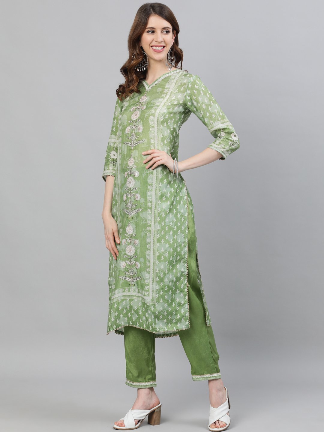 Silk Olive Green Kurta Trouser & Dupatta Set