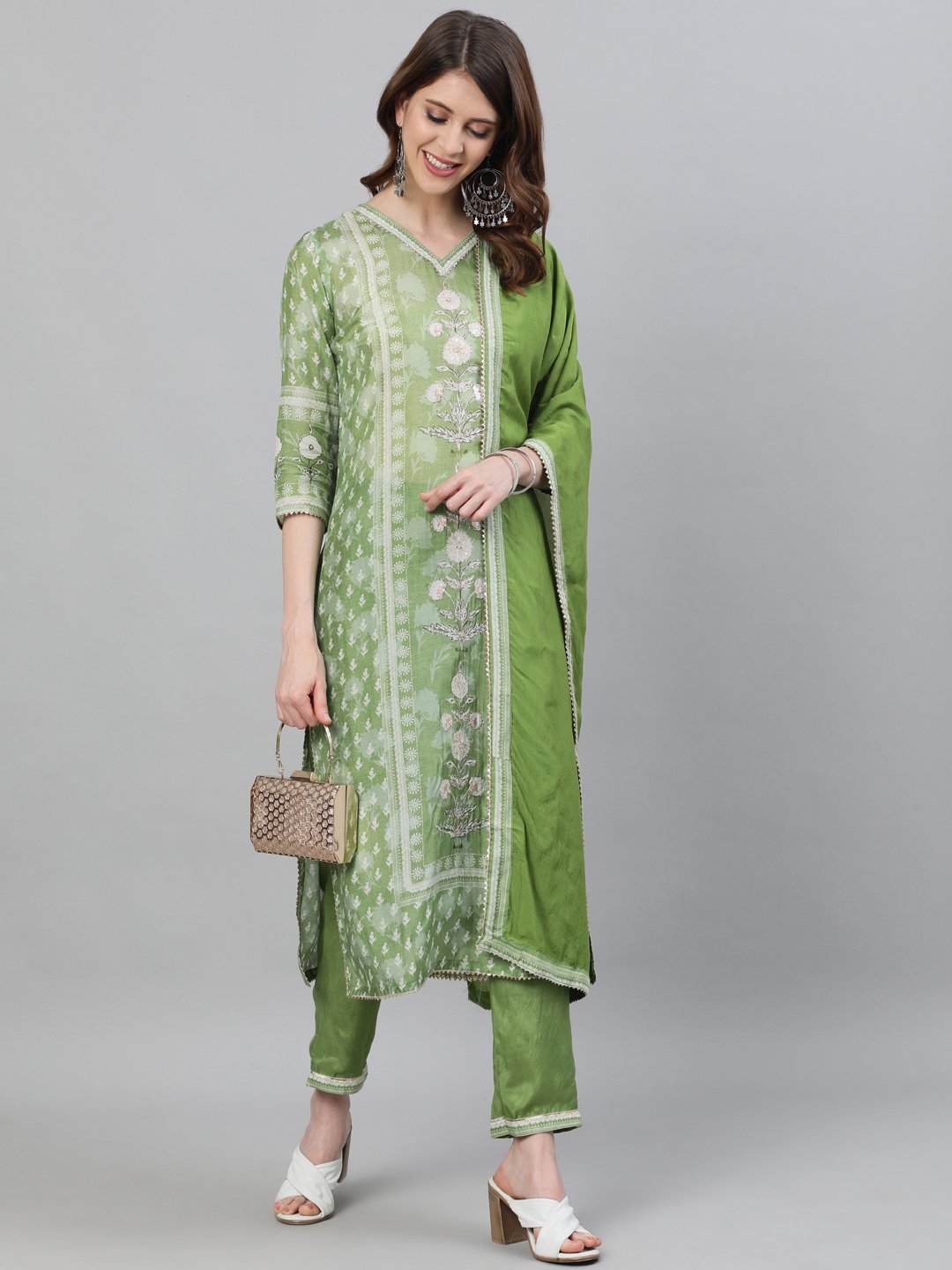 Silk Olive Green Kurta Trouser & Dupatta Set