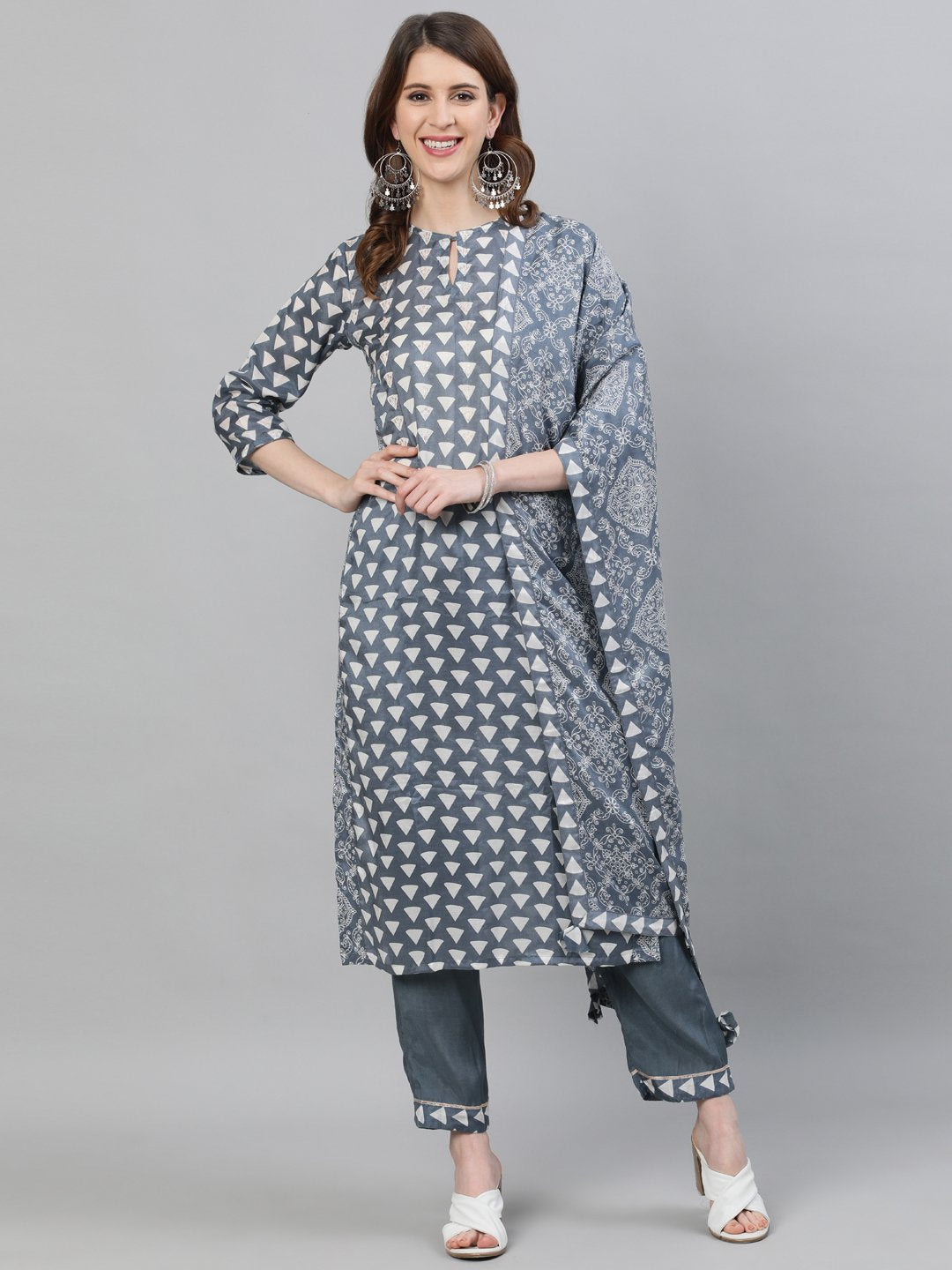 Ishin Women's Silk Grey Printed Embroidered Straight Kurta Palazzo & Dupatta Set