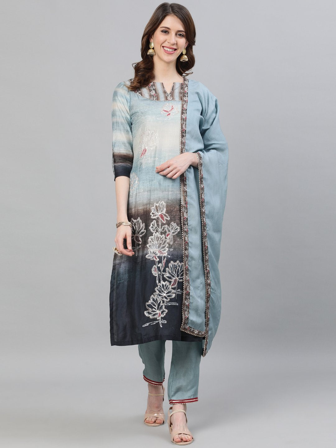 Ishin Women's Silk Grey Embroidered Straight Kurta Trouser Dupatta Set