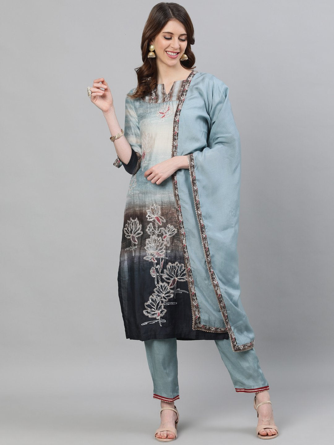 Ishin Women's Silk Grey Embroidered Straight Kurta Trouser Dupatta Set