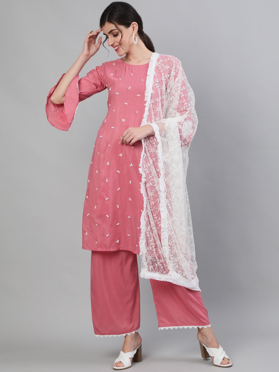 Ishin Women's Silk Pink  Embroidered A-Line Kurta With Palazzo And Dupatta Set