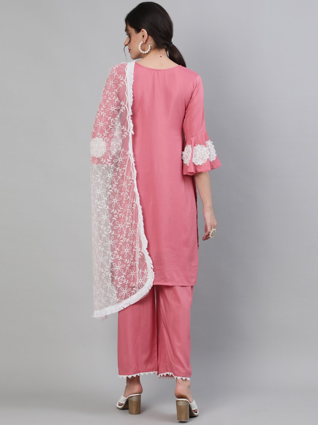 Ishin Women's Silk Pink  Embroidered A-Line Kurta With Palazzo And Dupatta Set