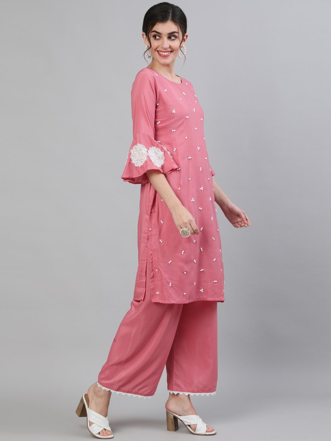 Ishin Women's Silk Pink  Embroidered A-Line Kurta With Palazzo And Dupatta Set