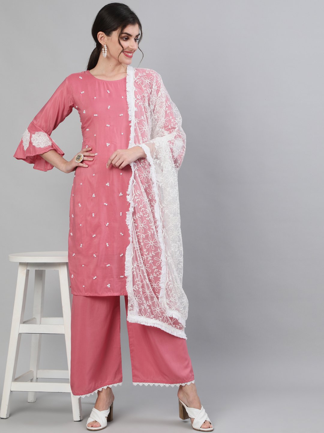 Ishin Women's Silk Pink  Embroidered A-Line Kurta With Palazzo And Dupatta Set