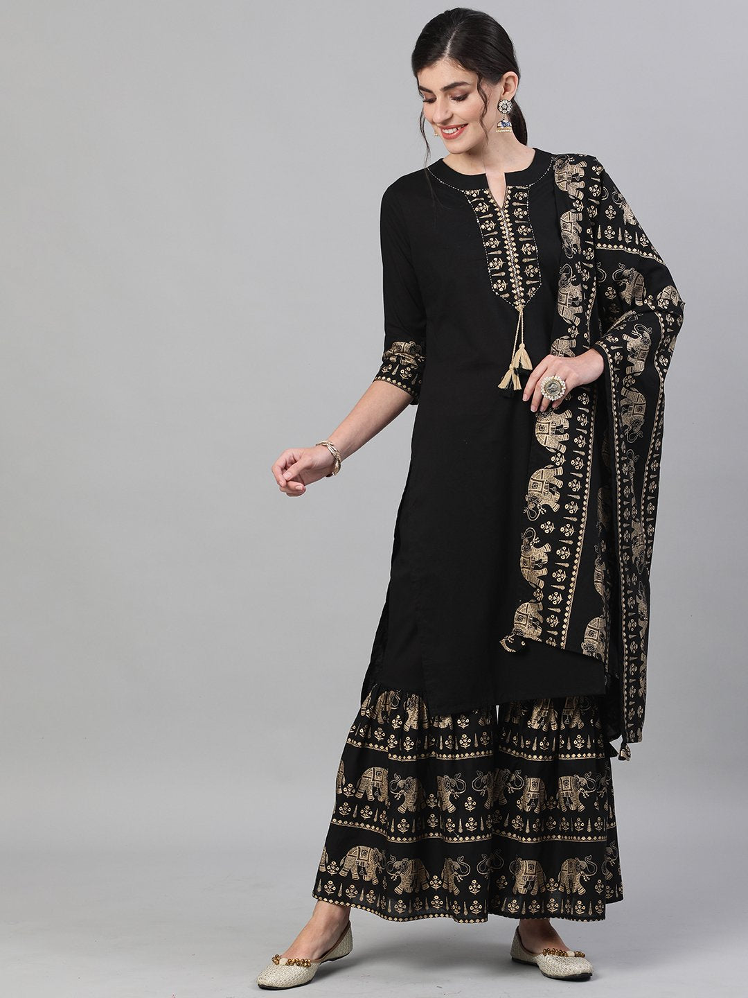 Ishin Women's Cotton Black Embroidered A-Line Kurta Sharara Dupatta Set