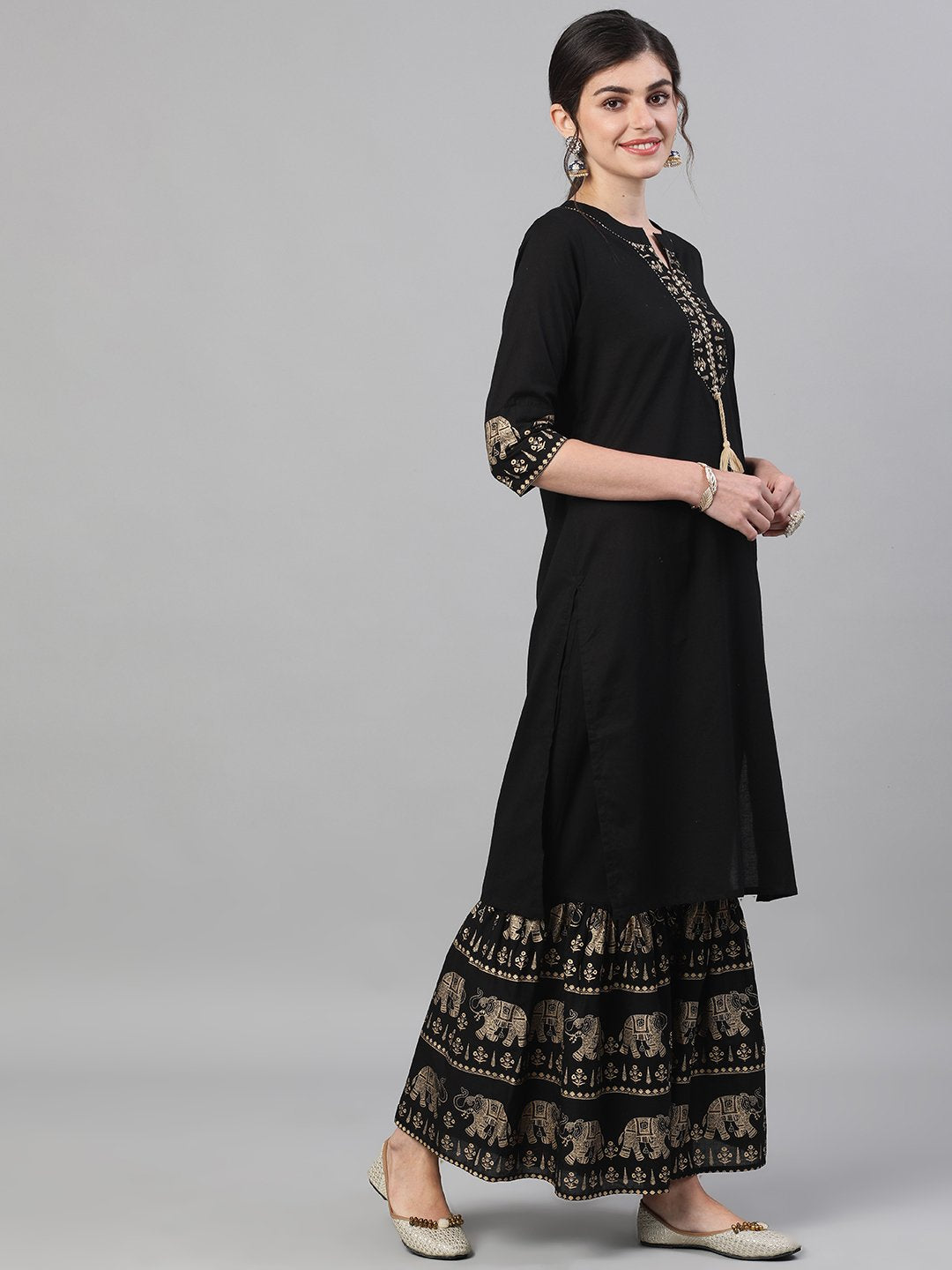 Ishin Women's Cotton Black Embroidered A-Line Kurta Sharara Dupatta Set