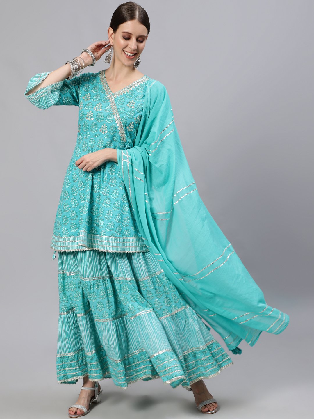 Ishin Women's Sea Green Zari Embroidered Angrakha Kurta With Sharara & Dupatta