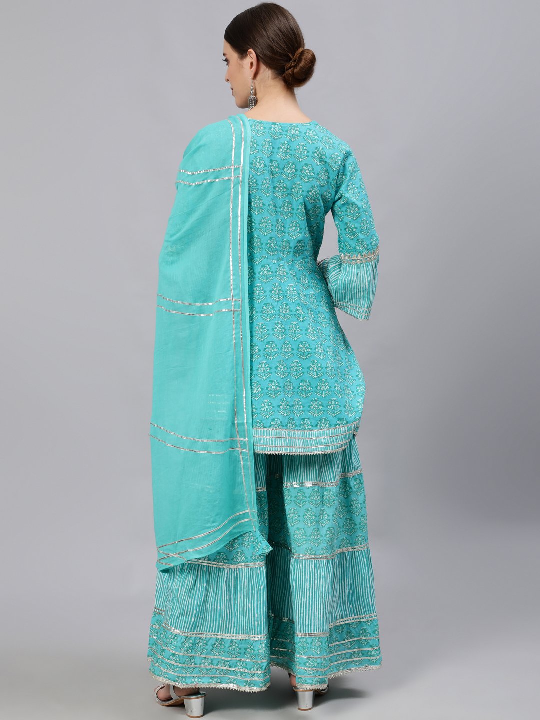 Ishin Women's Sea Green Zari Embroidered Angrakha Kurta With Sharara & Dupatta