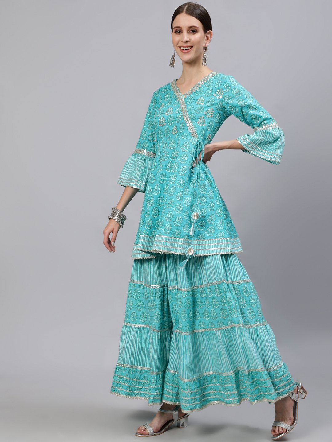 Ishin Women's Sea Green Zari Embroidered Angrakha Kurta With Sharara & Dupatta