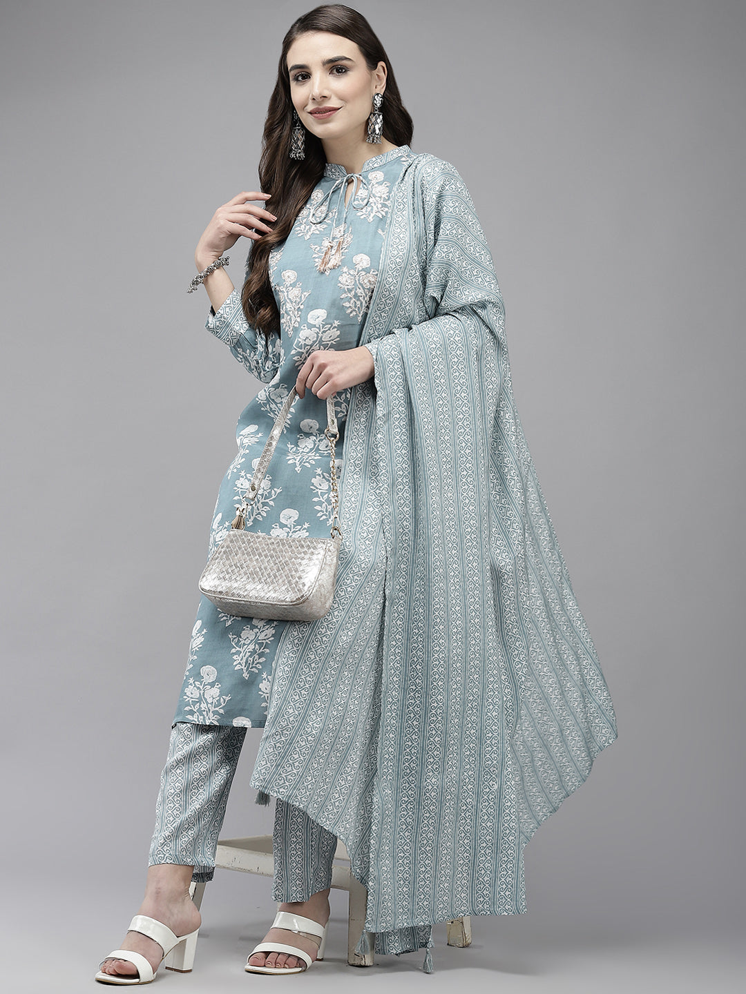 Ishin Women's Grey Zari Embroidered A-Line Kurta With Trouser & Dupatta