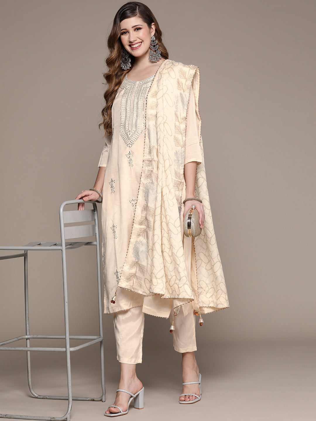 Ishin Women's Off White Zari Embroidered Straight Kurta with Trouser & Dupatta