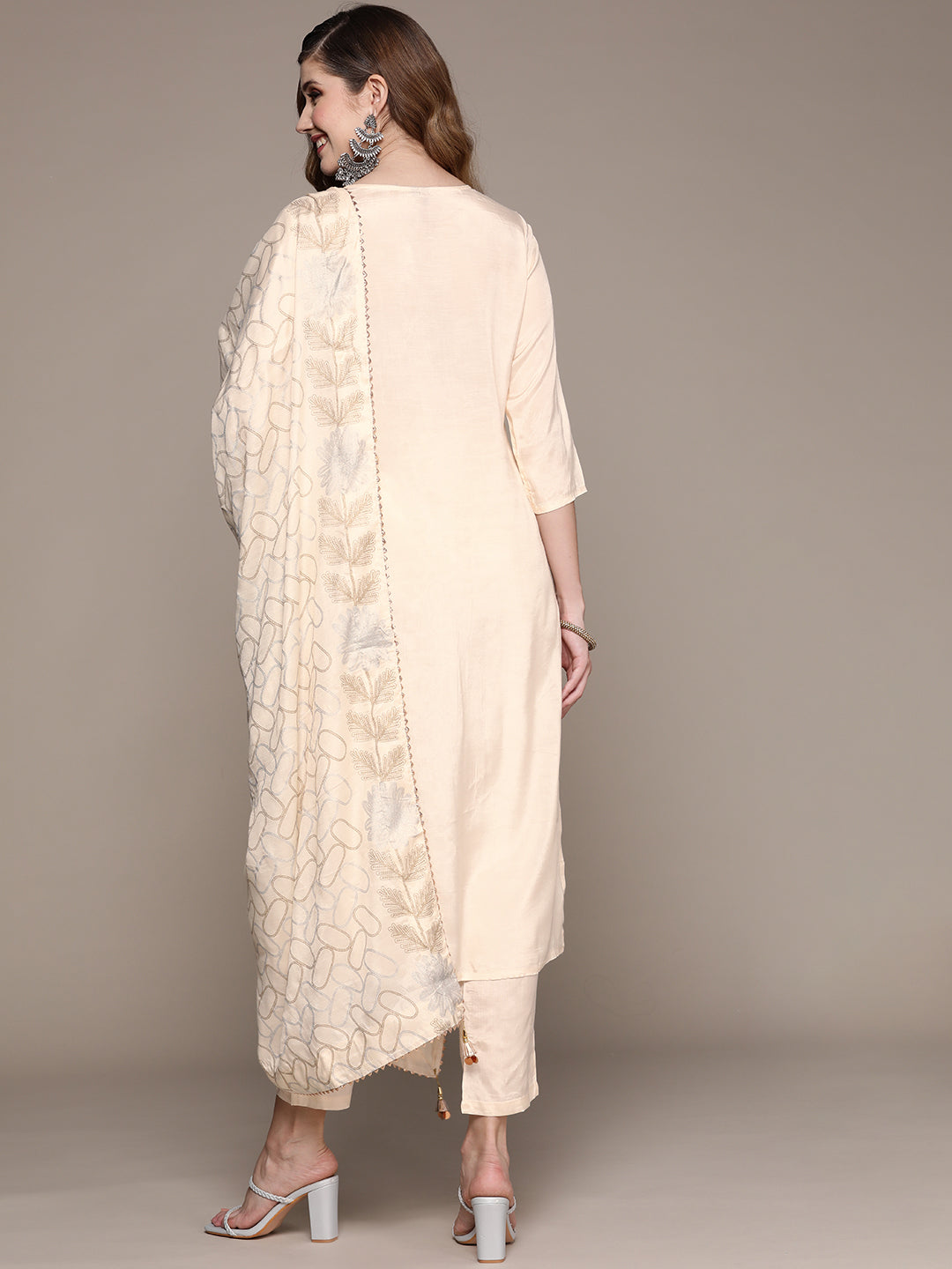 Ishin Women's Off White Zari Embroidered Straight Kurta with Trouser & Dupatta