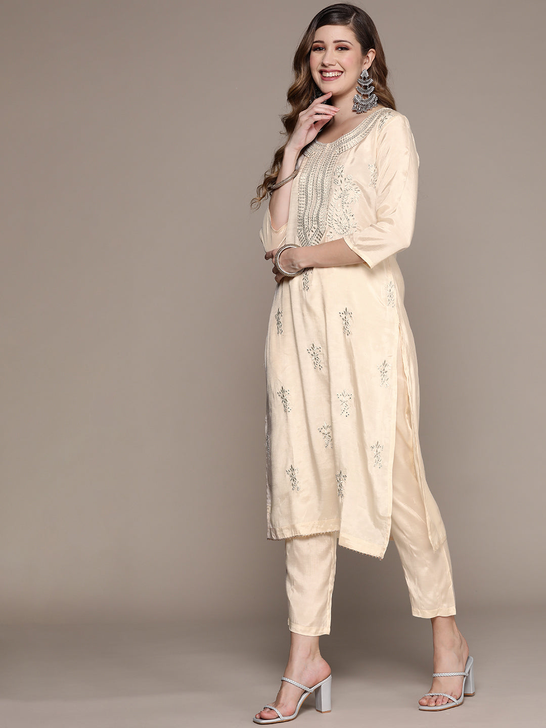 Ishin Women's Off White Zari Embroidered Straight Kurta with Trouser & Dupatta