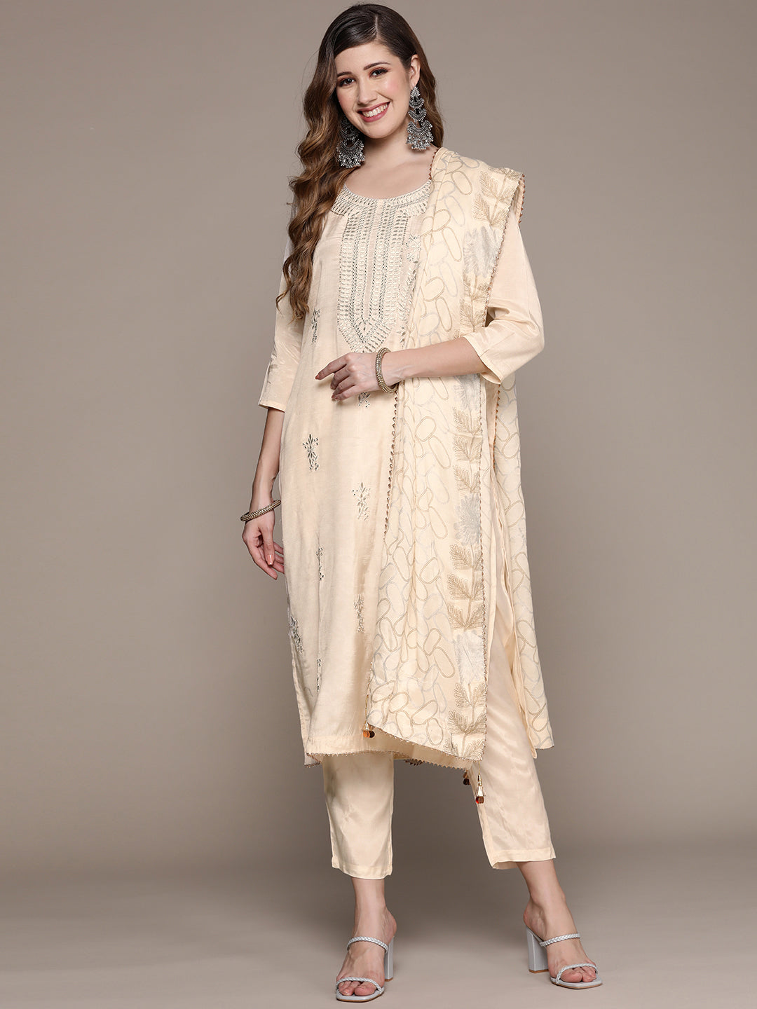 Ishin Women's Off White Zari Embroidered Straight Kurta with Trouser & Dupatta