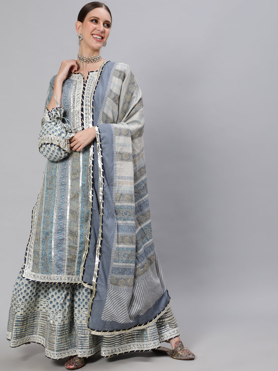 Ishin Women's Blue & Grey Embroidered A-Line Kurta Sharara Dupatta Set with Potli Clutch