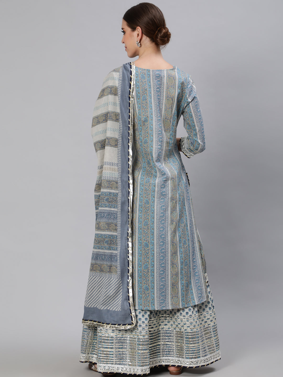 Ishin Women's Blue & Grey Embroidered A-Line Kurta Sharara Dupatta Set with Potli Clutch