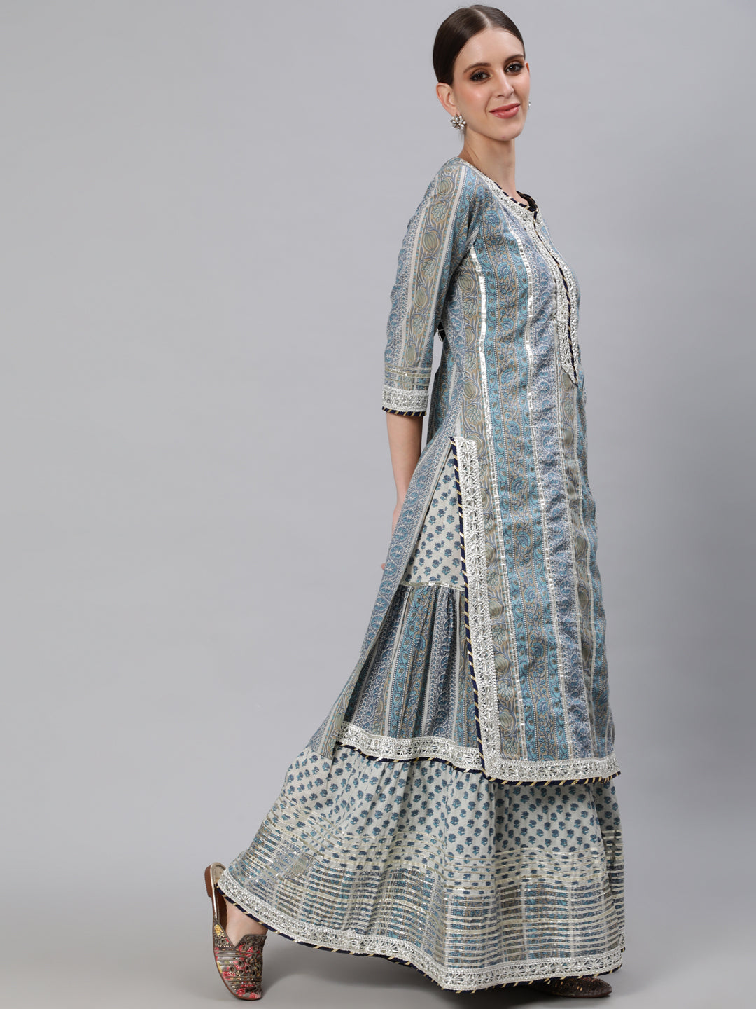 Ishin Women's Blue & Grey Embroidered A-Line Kurta Sharara Dupatta Set with Potli Clutch