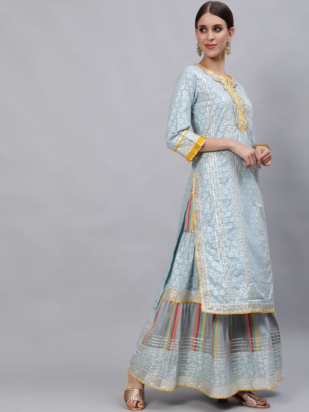 Ishin Women's Cotton Blue Gotta Patti Embroidered A-Line Kurta Sharara Dupatta Set