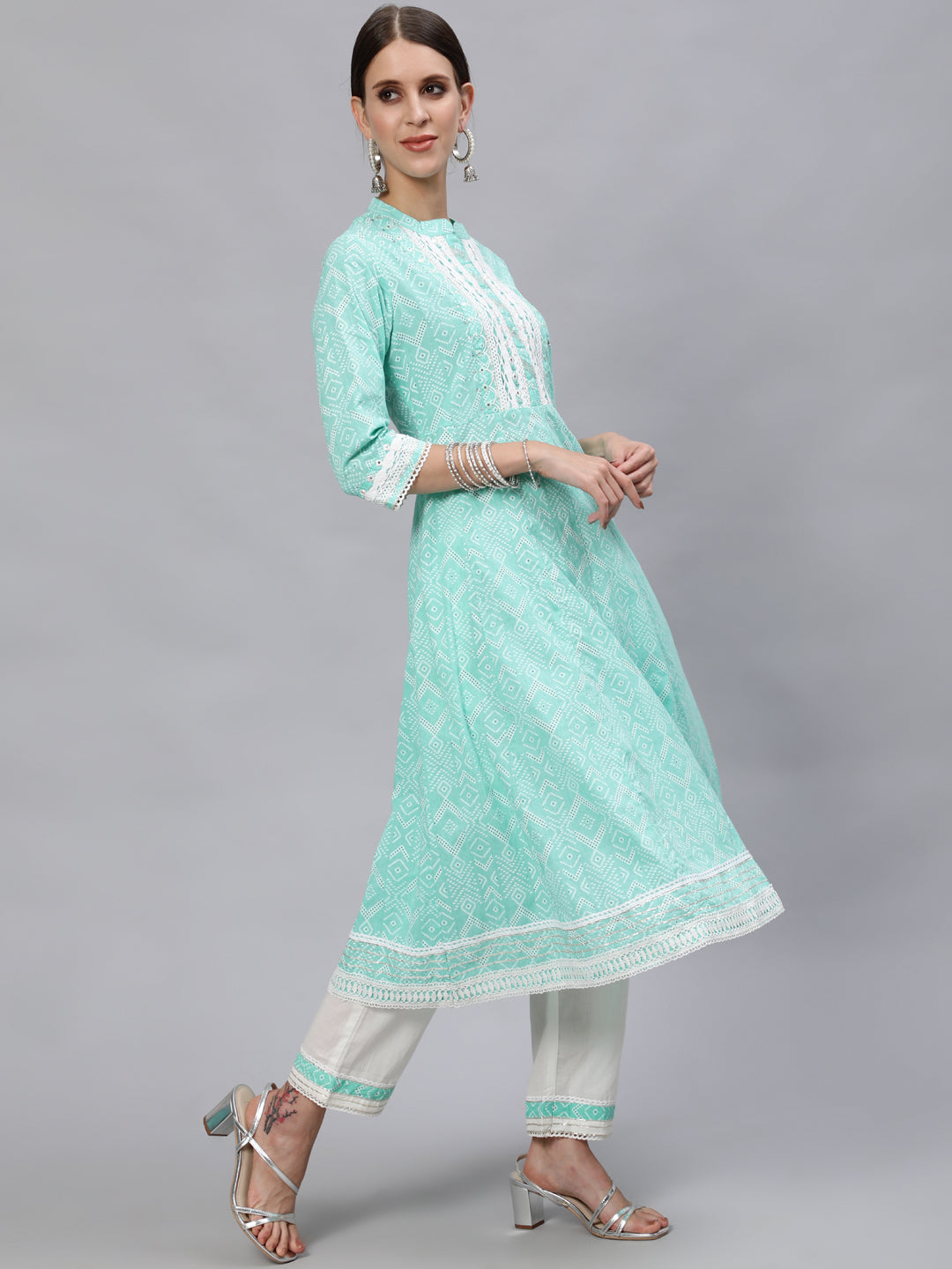 Ishin Women's Cotton Sea Green & White Embroidered Anarkali Kurta Trouser Dupatta Set