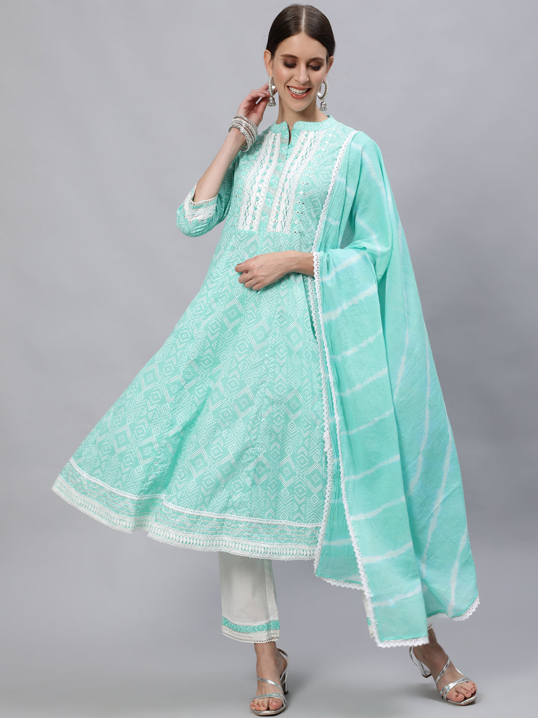 Ishin Women's Cotton Sea Green & White Embroidered Anarkali Kurta Trouser Dupatta Set