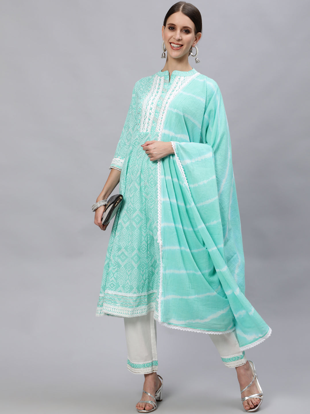 Ishin Women's Cotton Sea Green & White Embroidered Anarkali Kurta Trouser Dupatta Set