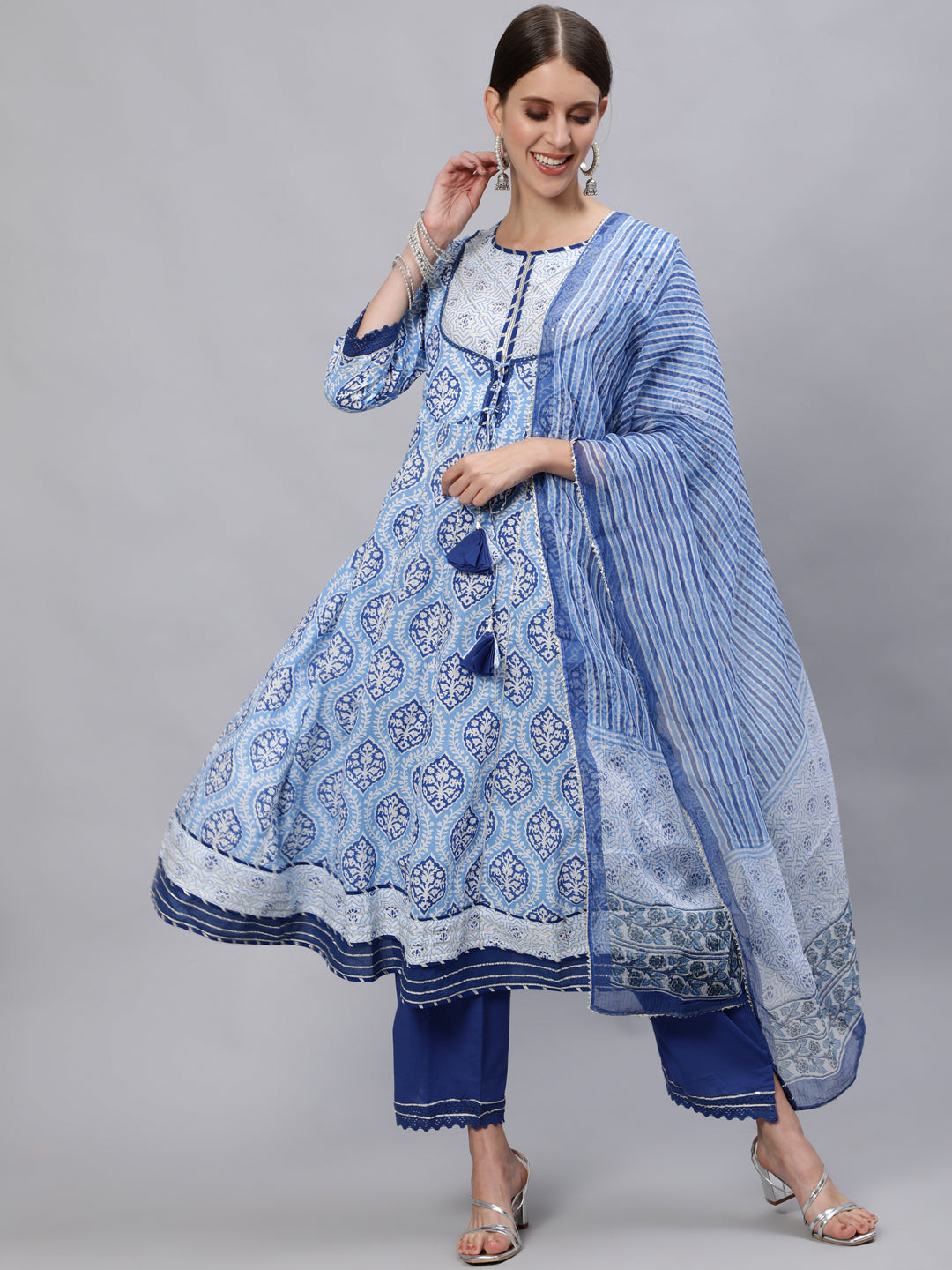 Ishin Women's Cotton Blue Gotta Patti Embroidered Anarkali Kurta Trouser Dupatta Set