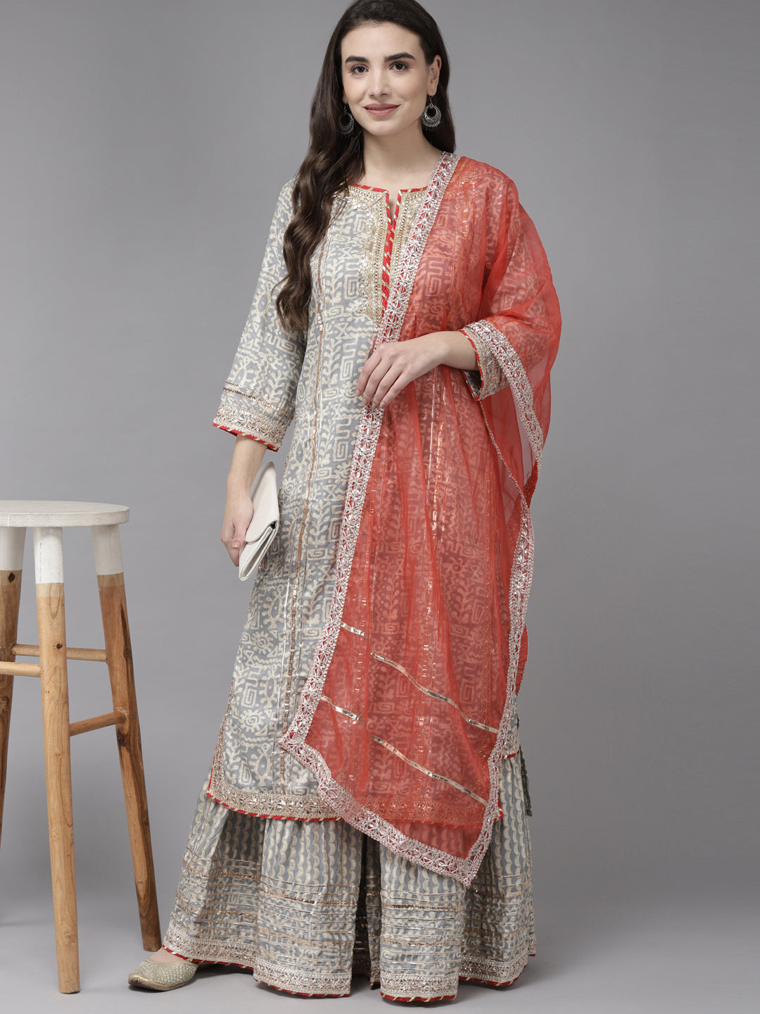 Ishin Women's Grey Embroidered A-Line Kurta Sharara,Dupatta Set